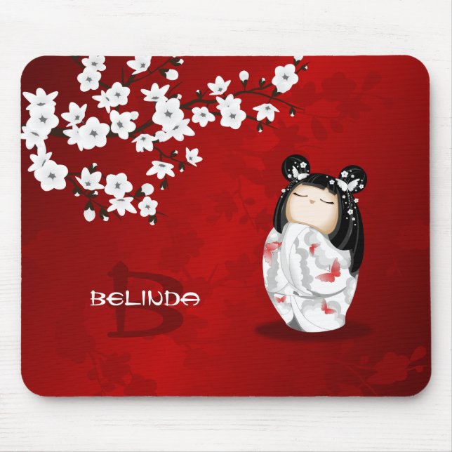Mousepad Bonecas Kokeshi Red Black White Cherry Blossoms (Frente)