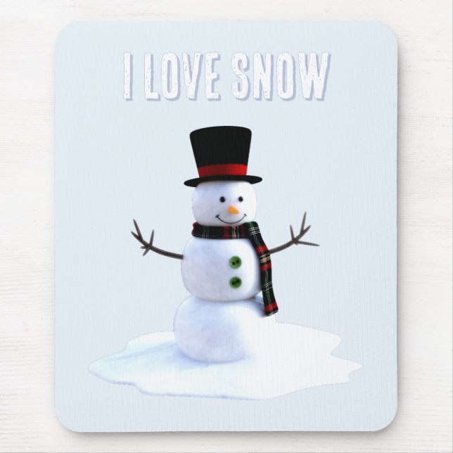 Mousepad Boneco de neve com chapéu e cachecol. Eu Amo Neve (Frente)