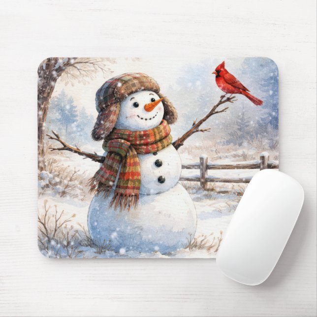 Mousepad Boneco de Neve Feliz Com Cardinal Vermelho (Com mouse)