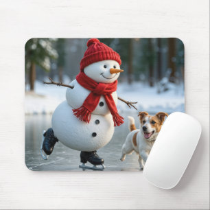 Mousepad Boneco de Neve Patinando Com Cachorro