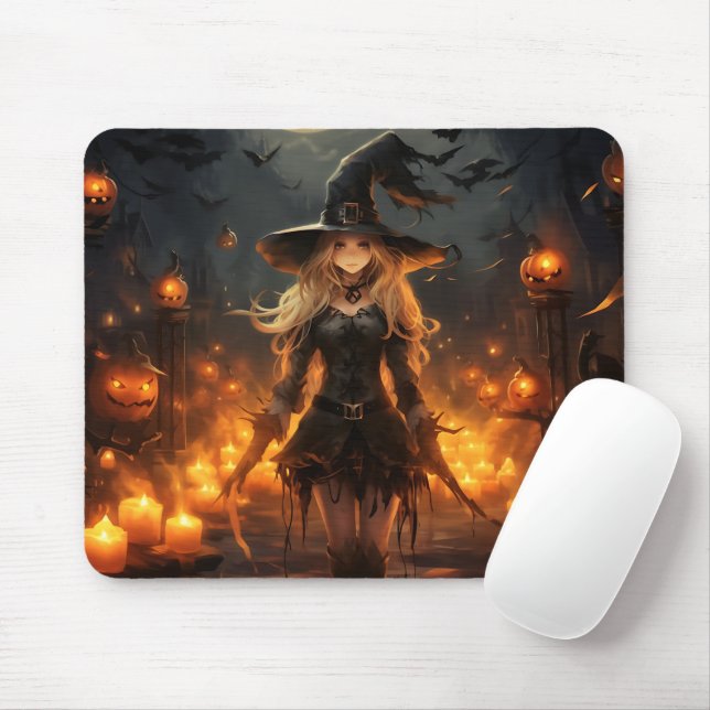 Mousepad Bonita Bruxa Noite de Halloween Pumpkins (Com mouse)