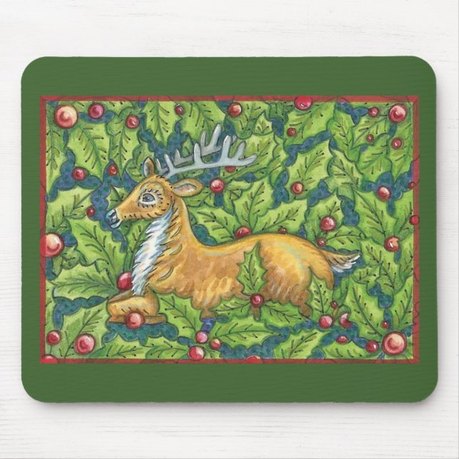 Mousepad Bonita Reindeer de Natal em Floresta com Holly (Frente)