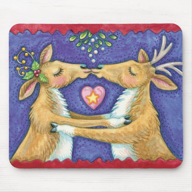 Mousepad Bonita Reindeer de Natal, Romântico Beijo w Mistle (Frente)