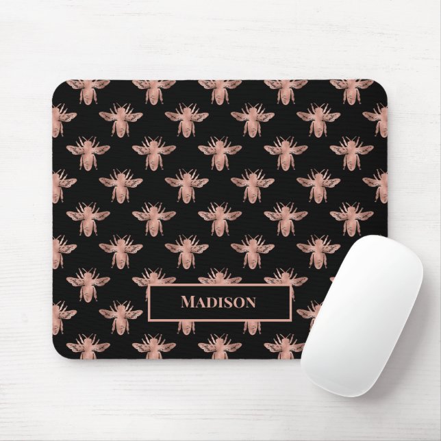 Mousepad Bonita Rosa Rosa Rosa Rosa Dourada Monograma preto (Com mouse)