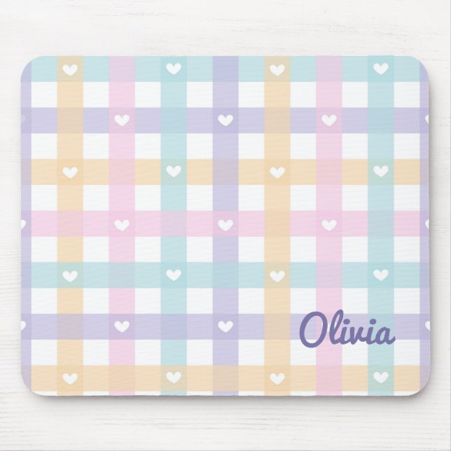 Mousepad Bonita Xadrez Gingham Girly com Corações (Frente)