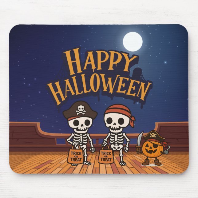 Mousepad bonitinho, esqueletos e abóbora no Halloween (Frente)