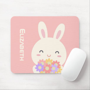 Mousepad Bonito Coelhinho e Flores Nome Personalizado Rosa