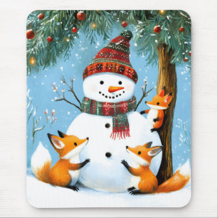 Mousepad Bonito Homem de Neve da Floresta de Inverno Raposa
