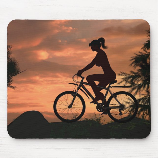 Mousepad Bonito moça andando de bicicleta no pôr do sol (Frente)