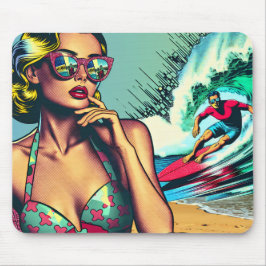 Mousepad Bonito mulher retrô loira e Cara de surfista