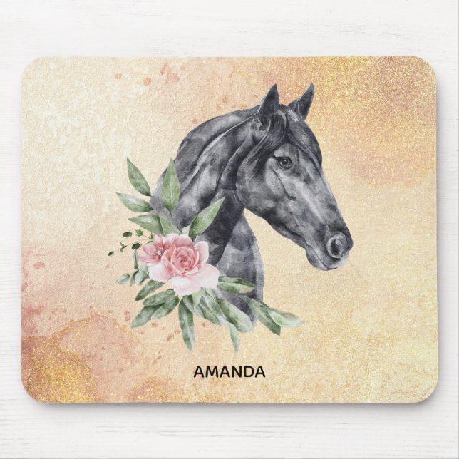 Mousepad Bonito Retrato de Cabeça de Cavalo Preto Aquarela (Frente)