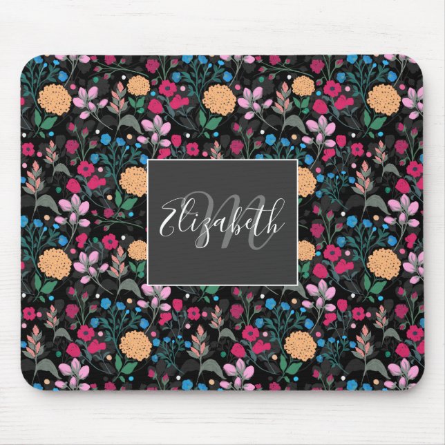 Mousepad Bonito Rosa e Amarelo Design Preto Floral Pequeno (Frente)