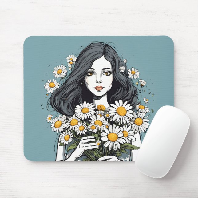 Mousepad Bonito senhora com Buquê de margarida (Com mouse)