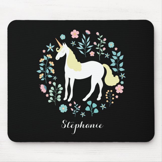 Mousepad Bonito Unicórnio e Flores Preto Personalizado (Frente)