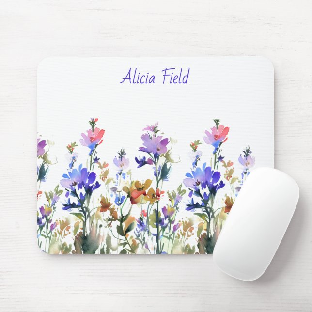 Mousepad Bonito Watercolor Flores Selvagens | seu nome (Com mouse)