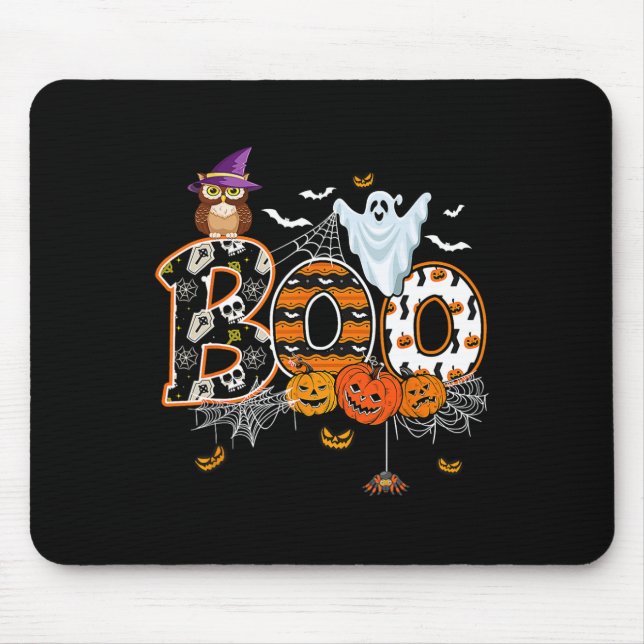 Mousepad Boo Creepy Owl Pumpkin Ghost Dia de as Bruxas engr (Frente)