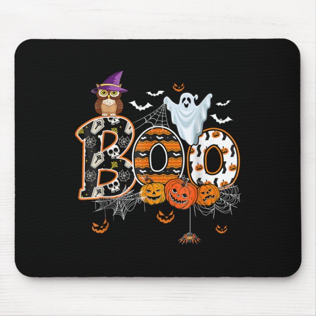 Mousepad Boo Creepy Owl Pumpkin Ghost Halloween Men K (Frente)