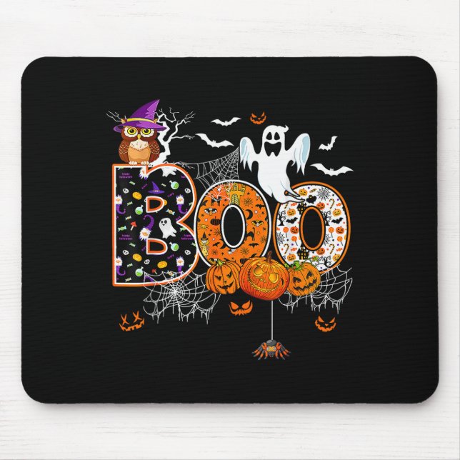 Mousepad Boo Creepy Owl Pumpkin Ghost Halloween Men Women K (Frente)