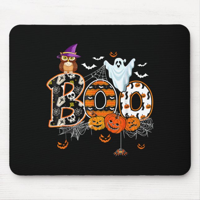 Mousepad Boo Creepy Owl Pumpkin Ghost Halloween Men Women K (Frente)