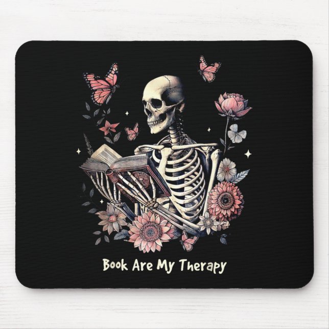 Mousepad Book Are My Therapy Skeleton Book Reading Floral B (Frente)