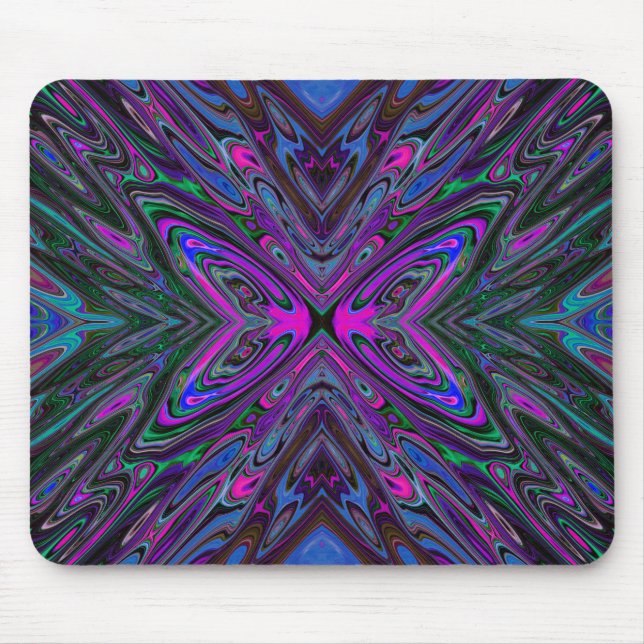 Mousepad Borboleta Abstrata Magenta, Azul e Verde Trippy (Frente)