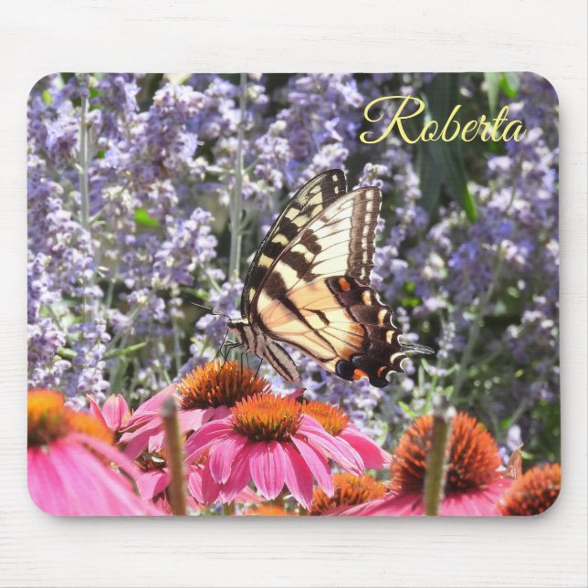Mousepad Borboleta Amarelo Swallowtail, rosa n Flor Puro (Frente)