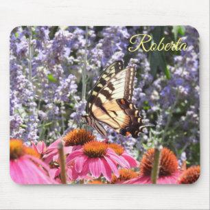 Mousepad Borboleta Amarelo Swallowtail, rosa n Flor Roxo