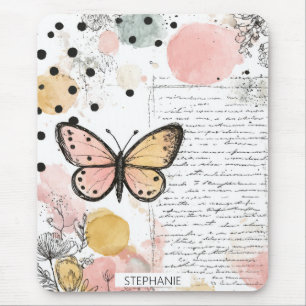 Mousepad Borboleta Aquarela Rosa Dourado Arte Boho Natureza