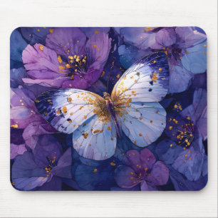 Mousepad Borboleta Azul em Flores Roxas