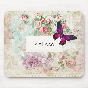 Mousepad Borboleta cor-de-rosa e rosas gastos do vintage