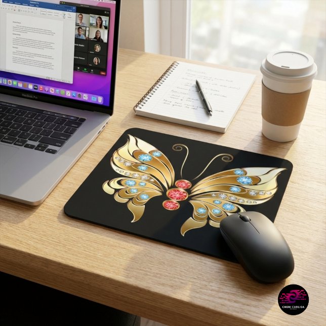 Mousepad Borboleta Cravejada de Ouro (Upgrade your workspace with gold jeweled butterfly impact ✨)
