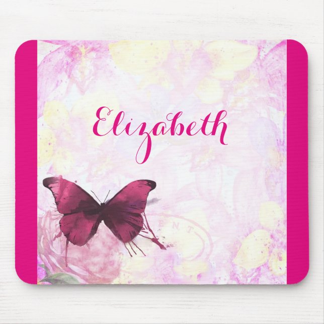 Mousepad Borboleta de Aquarela Roxa a Rosa e Amarelo (Frente)