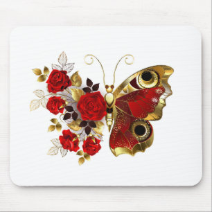 Mousepad Borboleta de flor vermelha com rosas vermelhas
