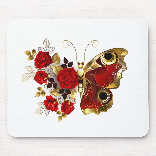 Mousepad Borboleta de flor vermelha com rosas vermelhas (Frente)