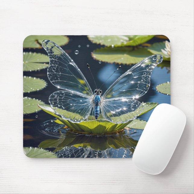 Mousepad Borboleta de Vidro Sobre Folha de Nenúfar (Com mouse)