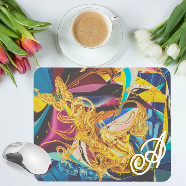 Mousepad Borboleta Dourada Antiga Monograma Líquido Abstrat (Criador carregado)