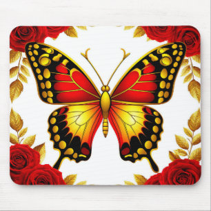 Mousepad Borboleta Dourada Com Rosas Vermelhas E Folhas Dou