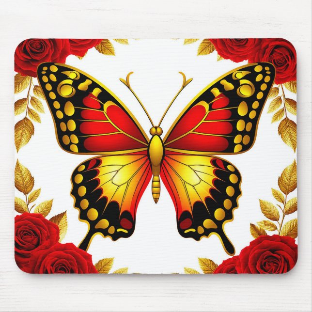 Mousepad Borboleta Dourada Com Rosas Vermelhas E Folhas Dou (Frente)