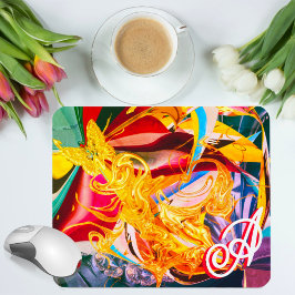 Mousepad Borboleta Dourada Monograma Flamejante Líquido Abs