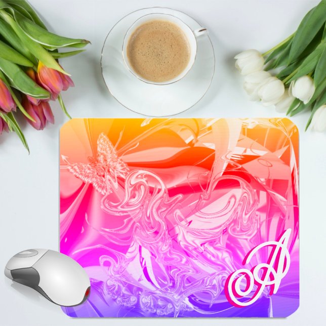 Mousepad Borboleta Dourada Monograma Rosa Líquido Abstrato (Criador carregado)