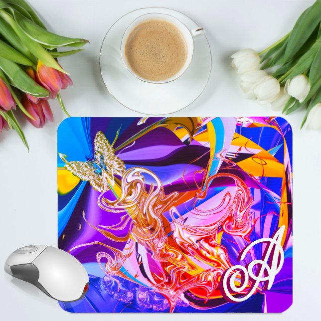 Mousepad Borboleta Dourada Monograma Vibrante Líquido Abstr (Criador carregado)