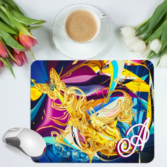 Mousepad Borboleta Dourada Monograma Vibrante Líquido Abstr (Criador carregado)