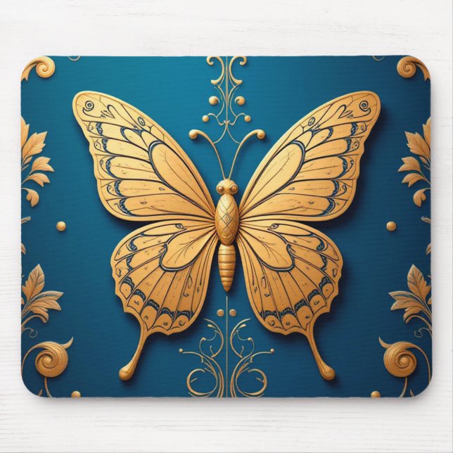 Mousepad Borboleta Dourada Ornamentada Com Padrão Floral (Frente)