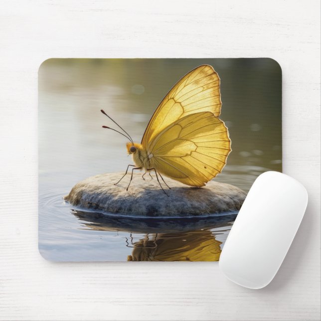 Mousepad Borboleta Dourada Sobre uma Rocha na Água (Com mouse)