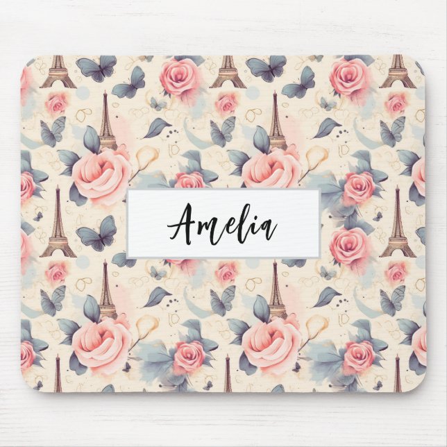 Mousepad Borboleta e padrão de Rosas da Torre Eiffel (Frente)