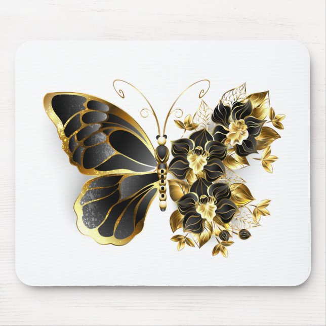 Mousepad Borboleta Flor Dourada com Orquídea Preta (Frente)