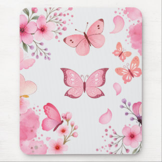 Mousepad Borboleta Floral Jardim Aquarela Rosa