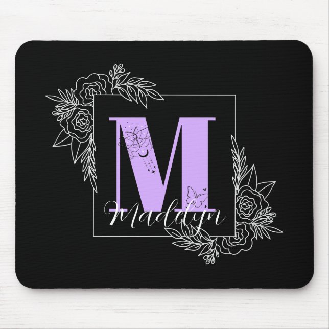 Mousepad Borboleta Floral Púrpura Monograma Personalizado - (Frente)
