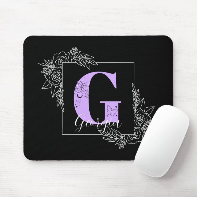 Mousepad Borboleta Floral Púrpura Monograma Personalizado - (Com mouse)