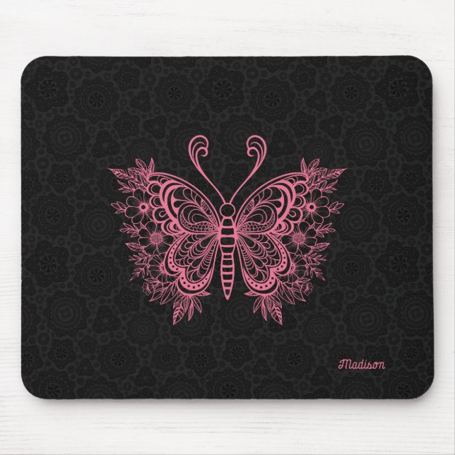 Mousepad Borboleta floral rosa a preto (Frente)